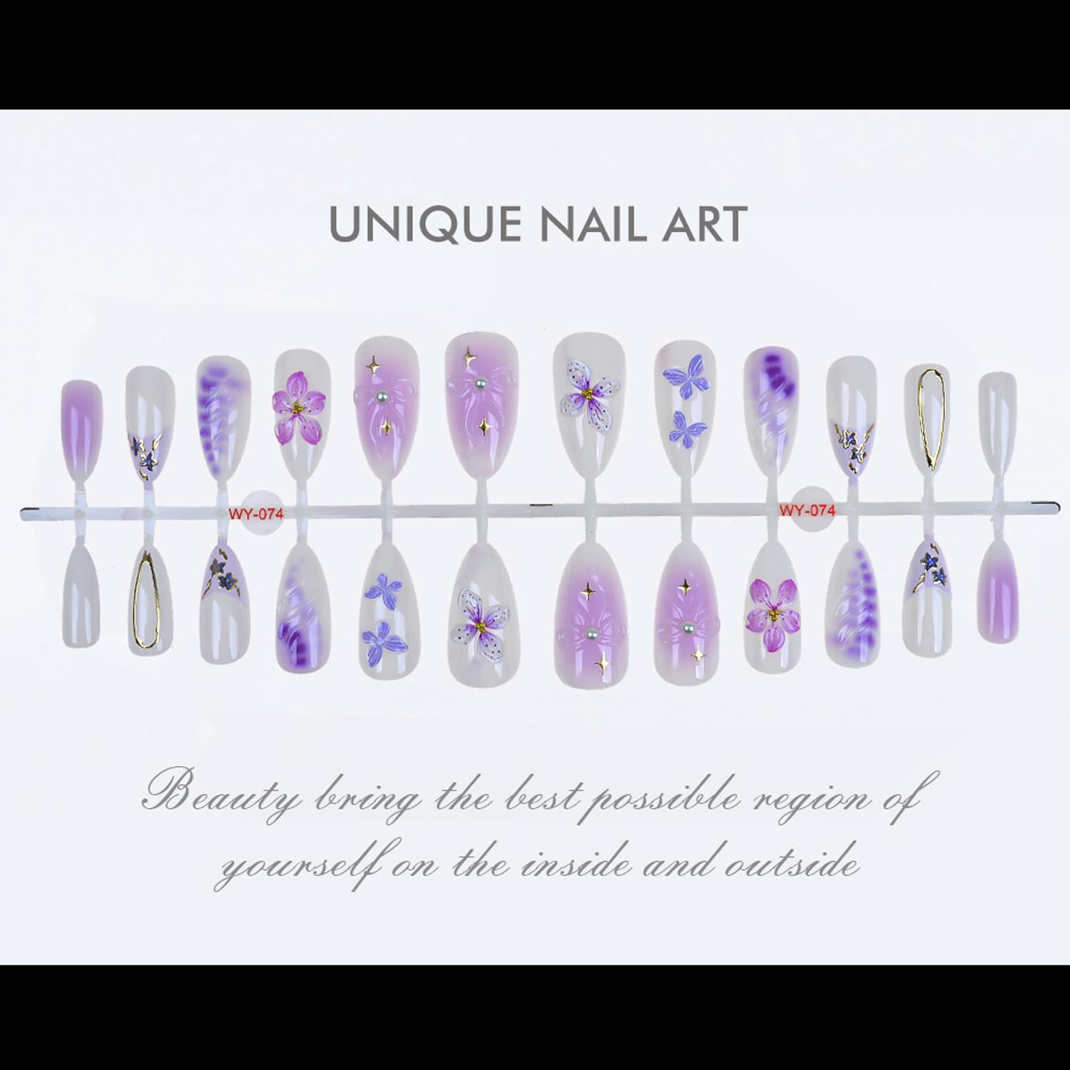 24Pcs Gradient Purple Flower Press on Nails Medium Almond Fake Nails with Floral