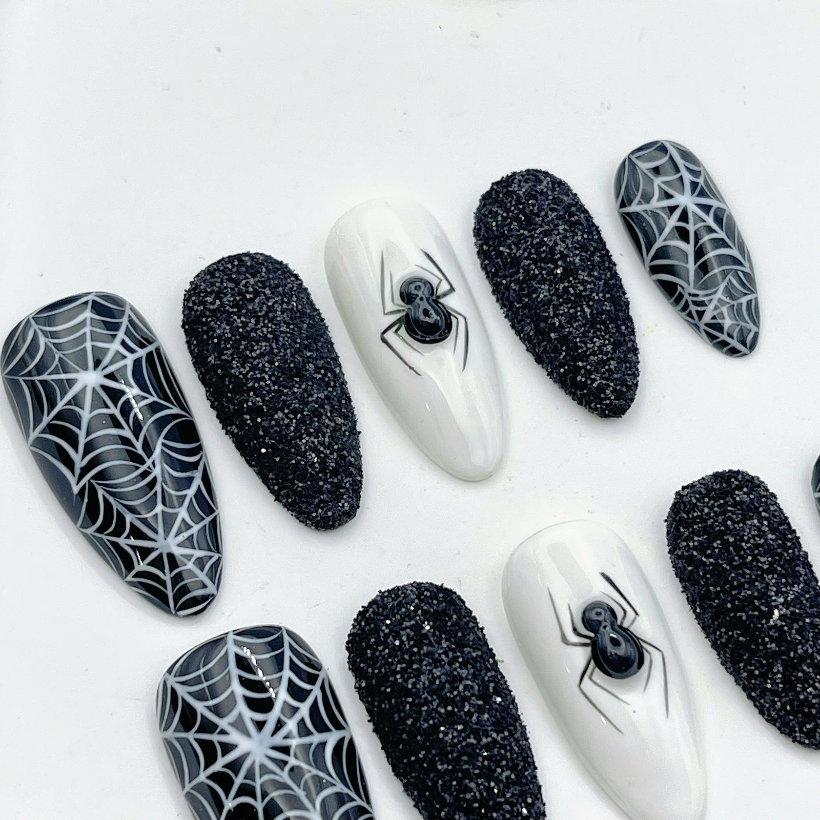 Custom Handmade Black Glitter Spider Web Almond Halloween Press on Nails