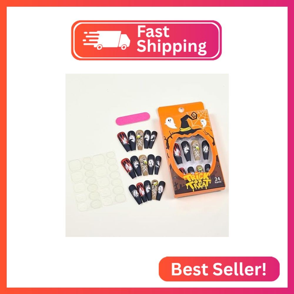 3D Rhinestone Spider Press On Nails – Halloween Gel Glue, 24pcs Glossy Red Blood