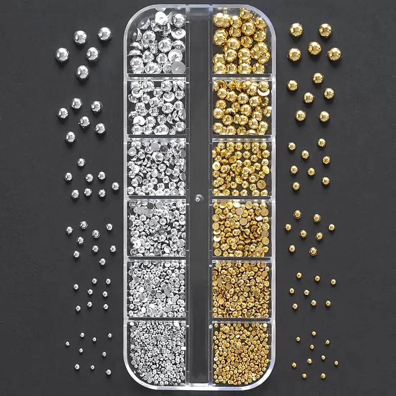 6/12-Grid Nail Steel Beads Set Caviar Beads Gold Silver Half Pearls for Nail Art