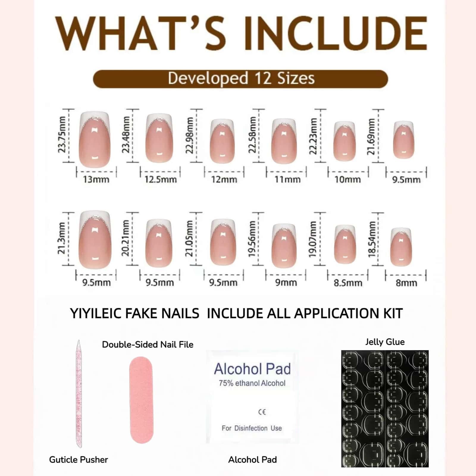 24PCS French Tip Press On Nails, Nude Square Glossy Fake Nails with White Sil…
