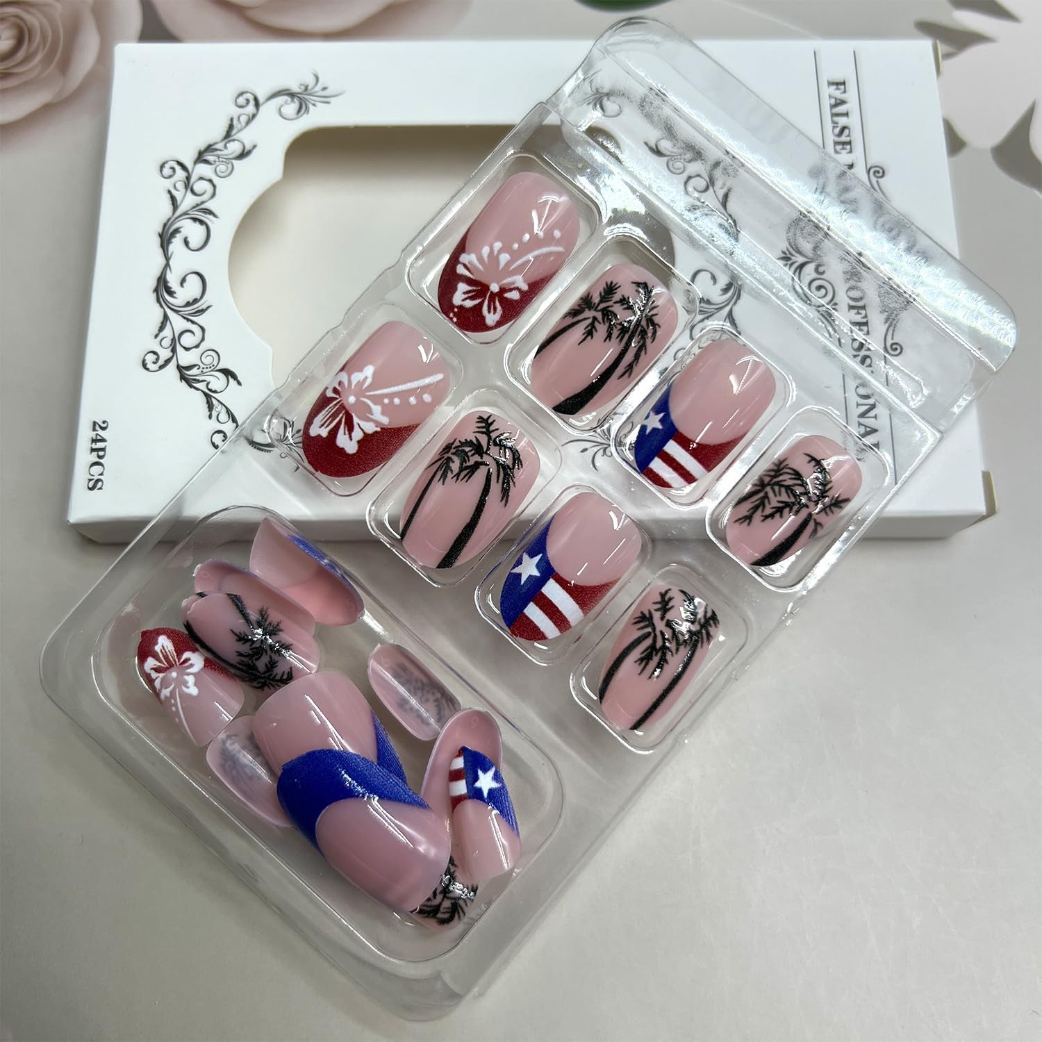 4th of July Press on Nails Tropical Palm Tree Flower Red White Blue Patriotic…