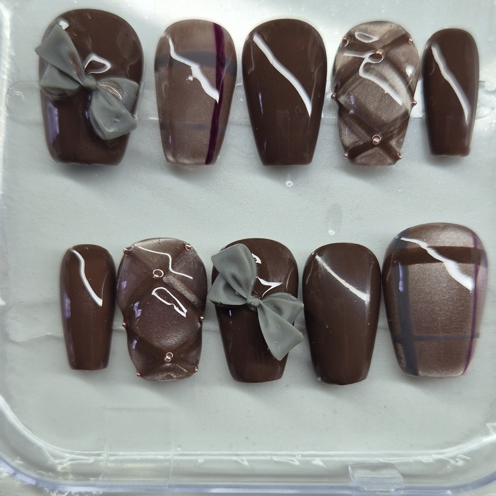 Brown Gray 3D Bow Square Oval Press-On Nails Set Pre-Designed Full Cover
