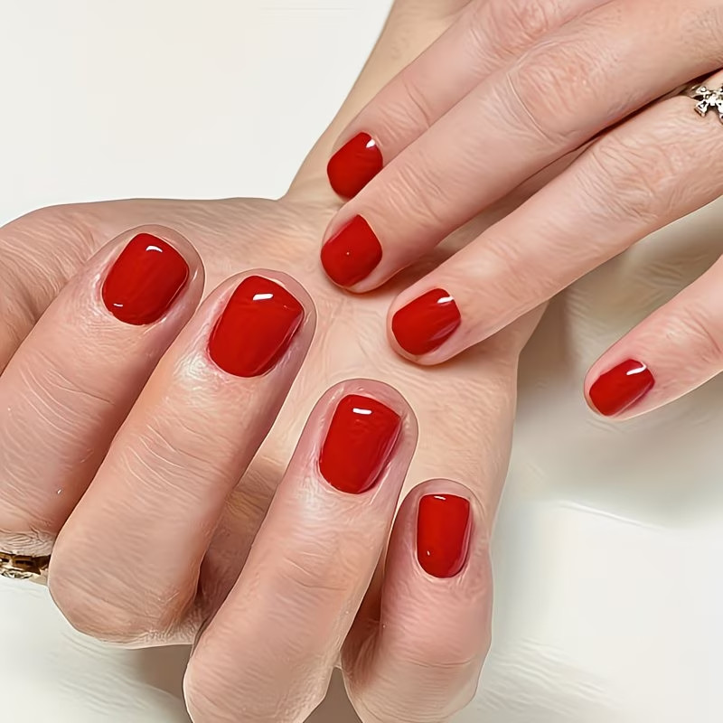 24pcs Classic Solid Red, Short Press-On Nails, Glossy, Elegant, Events