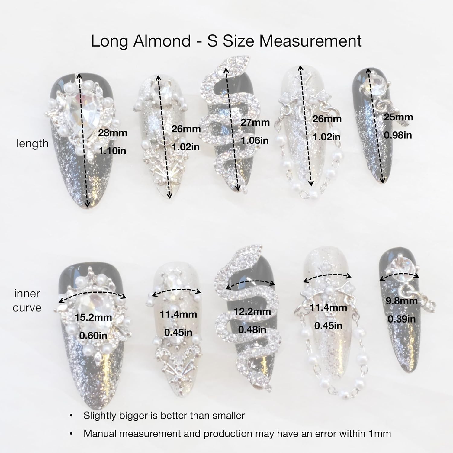 GLORS Luxury Long Almond Press-On Nails, Black/Silver Glitter, 10 Pcs