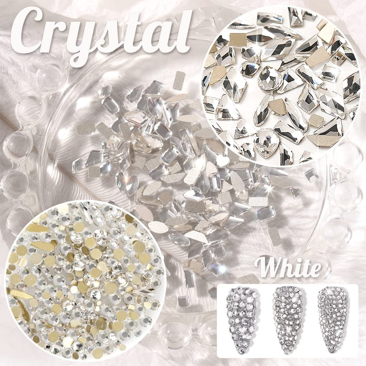 Qiipii 3 Boxes Silver Clear Nail Rhinestones 240 Multi-Shapes Crystal White Big