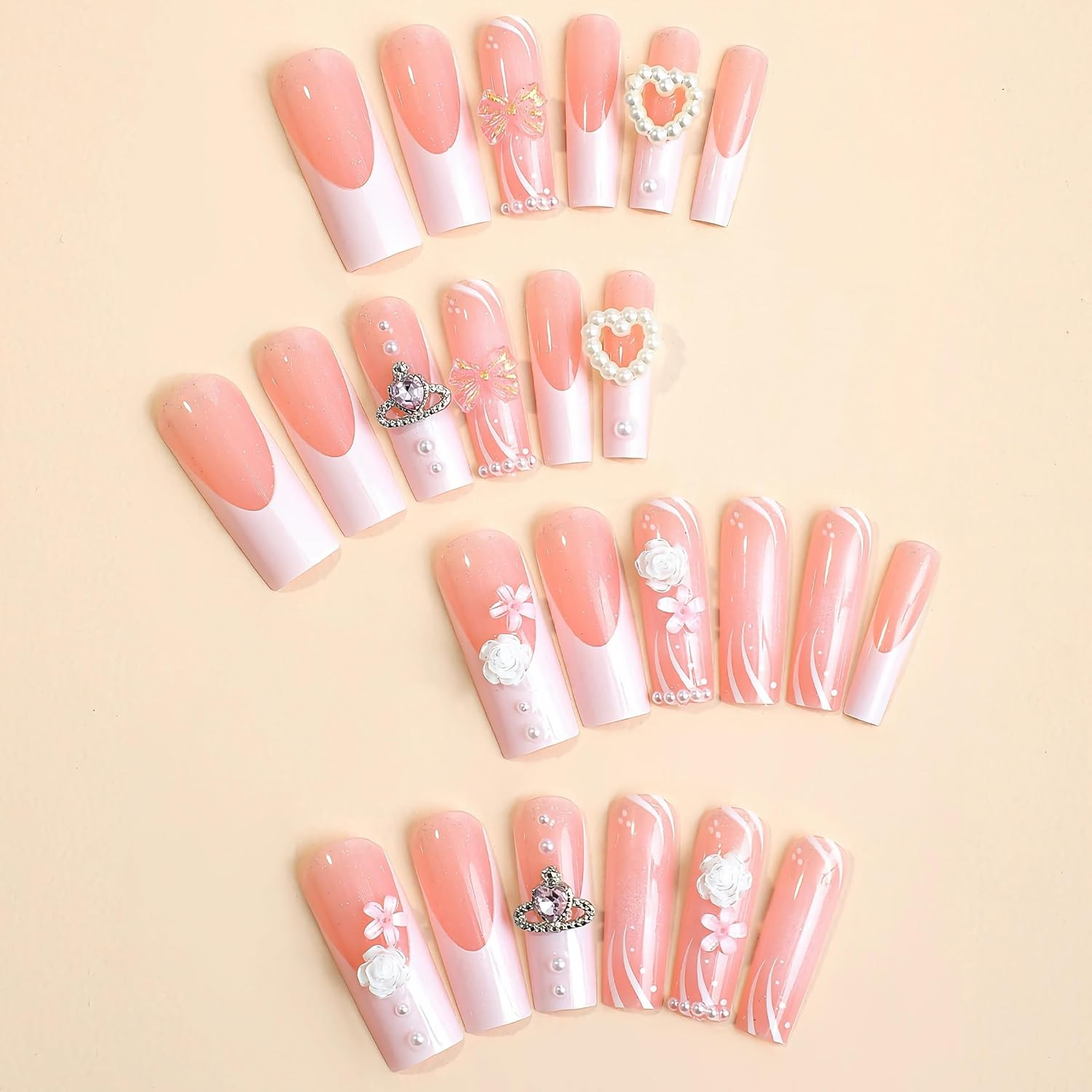 Press on Nails Long Pink False Nails Inlaid with Heart-Shaped Pearls, White Rose