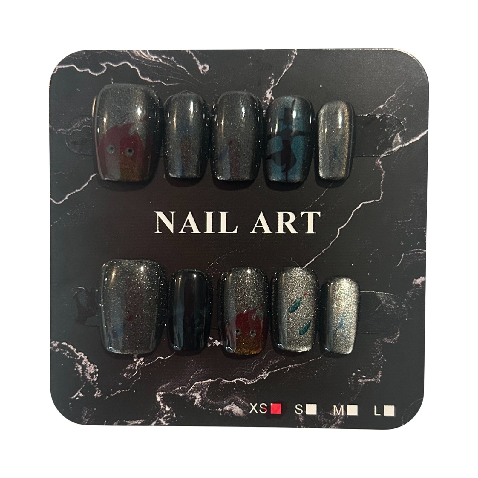 Shimmery Black/Dark Gray Cartoon Short Square Nails – Size Extra Small (XS)