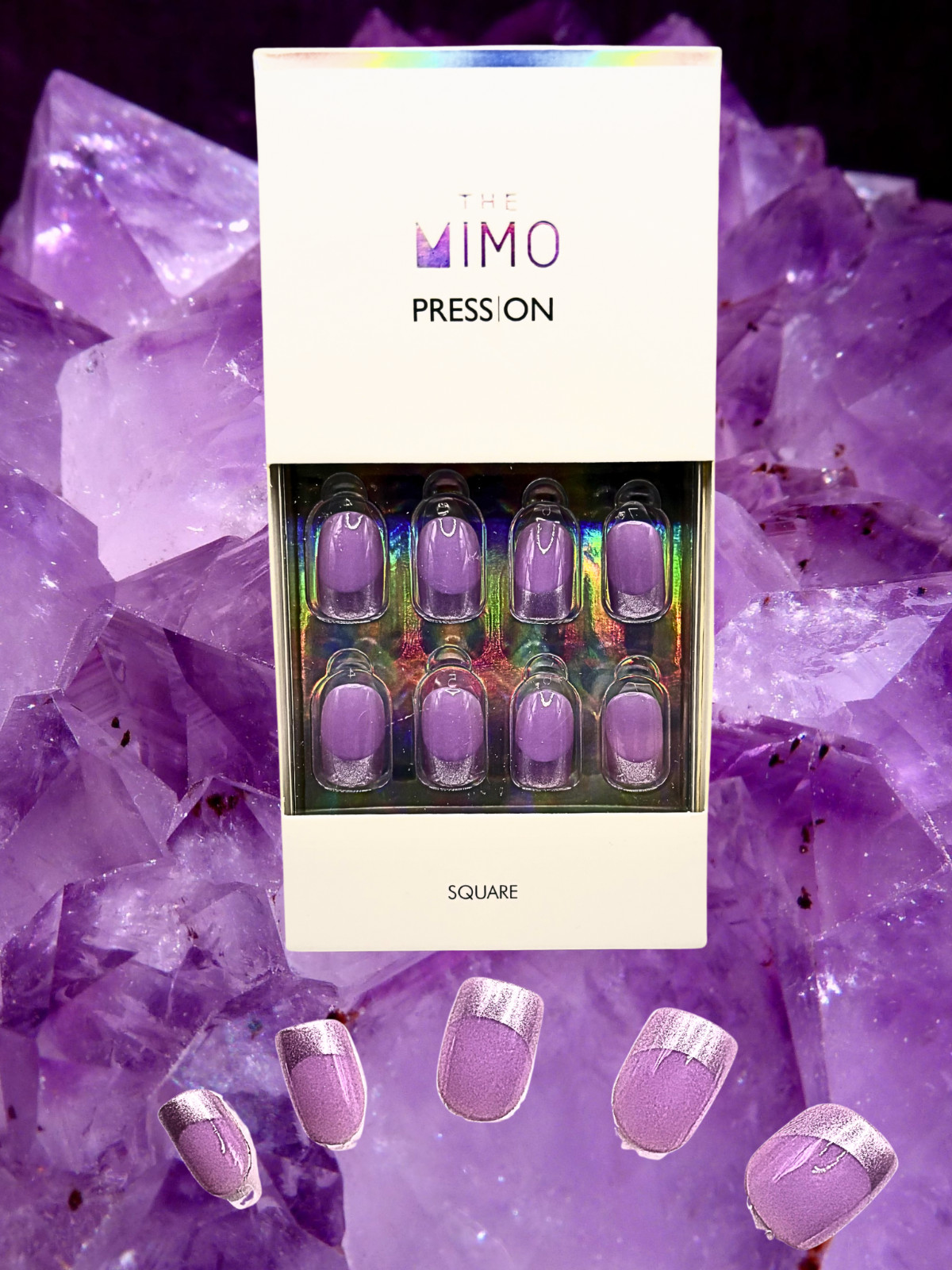 MIMO Press-On Nails Square – Lavender with Silver Glitter Tip, 24pcs Reusable