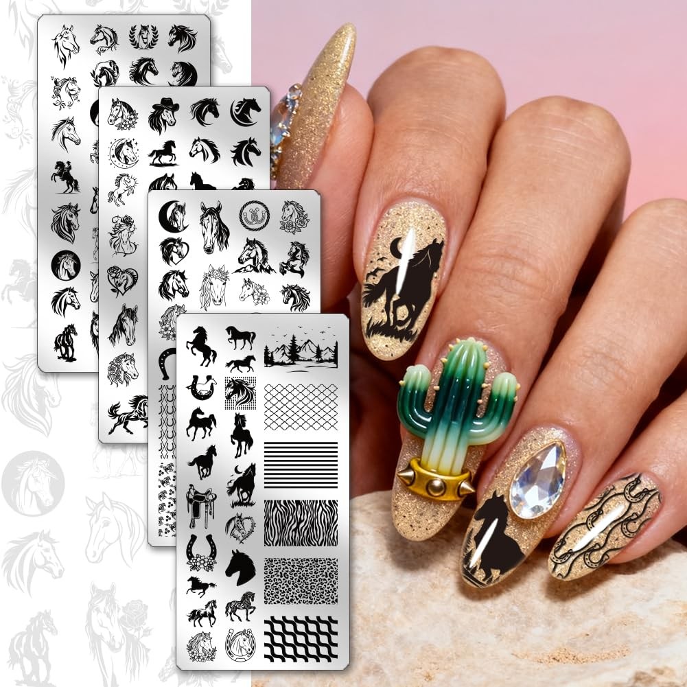 4pcs Horse Nail Stamping Plate Running Horse Nail Art Template Animals Nails …