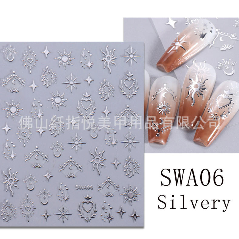 2Pcs Star Moon Sun Heart Bohemian Metallic Gold Silver Nail Stickers DIY NH28
