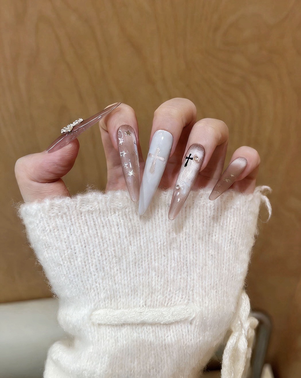 Silver Cross Glam Long Stiletto Press On Nails, Cross Rhinestone Nude, Handmade