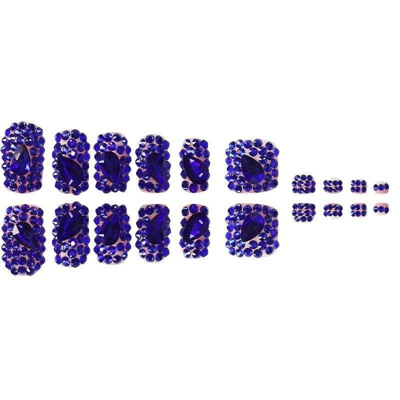 48Pcs-Blue Sapphire Rhinestone Press on Nails Glossy Short Square Nail Art Set