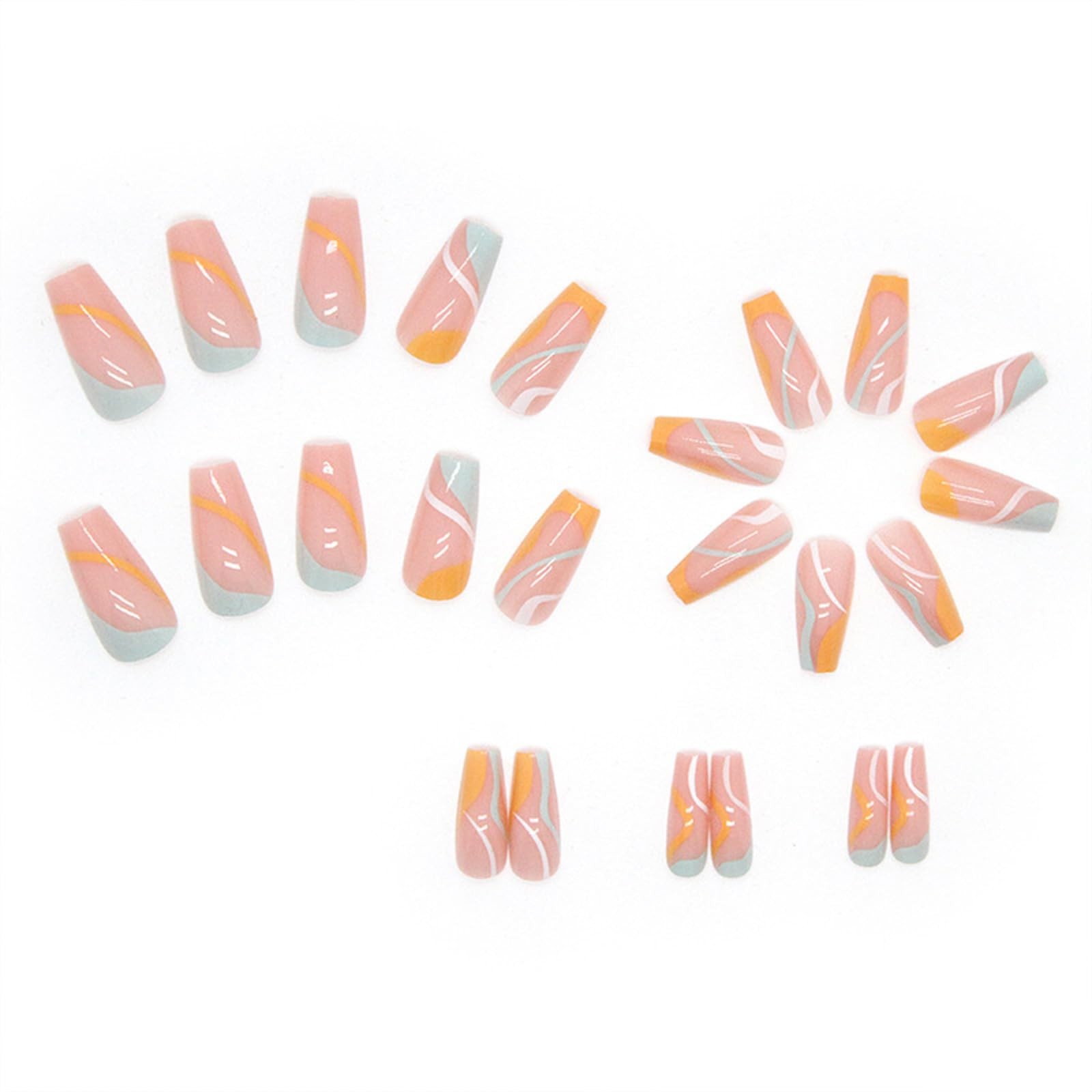 Long Press On Nails, Medium Length French Nails, Square Multi-Color Ripple Fa…