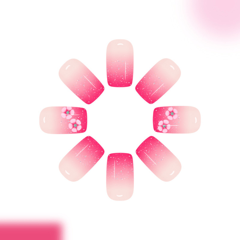 48Pcs Short Square Nails, Pink Gradient & Hand Painted Flowers, Sweet Style