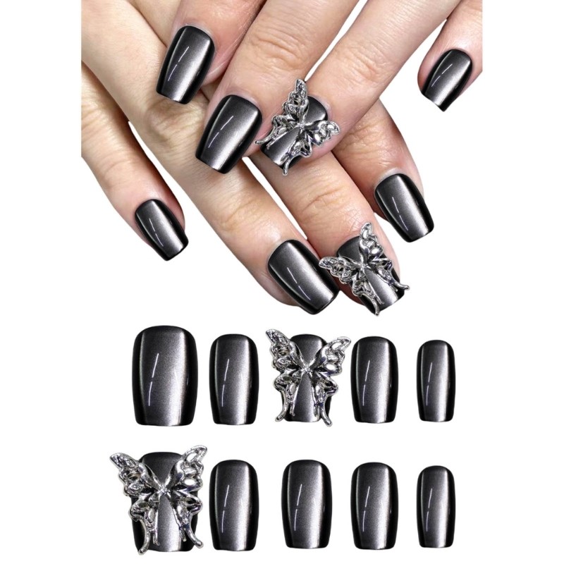10Pcs Cats Eye Press On Nail 3D Butterfly Metallic Gray Square Artificial Nail