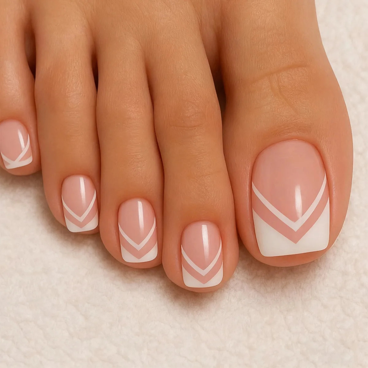 24Pcs Glossy French Toe Nails Summer Beach Fake Toenails