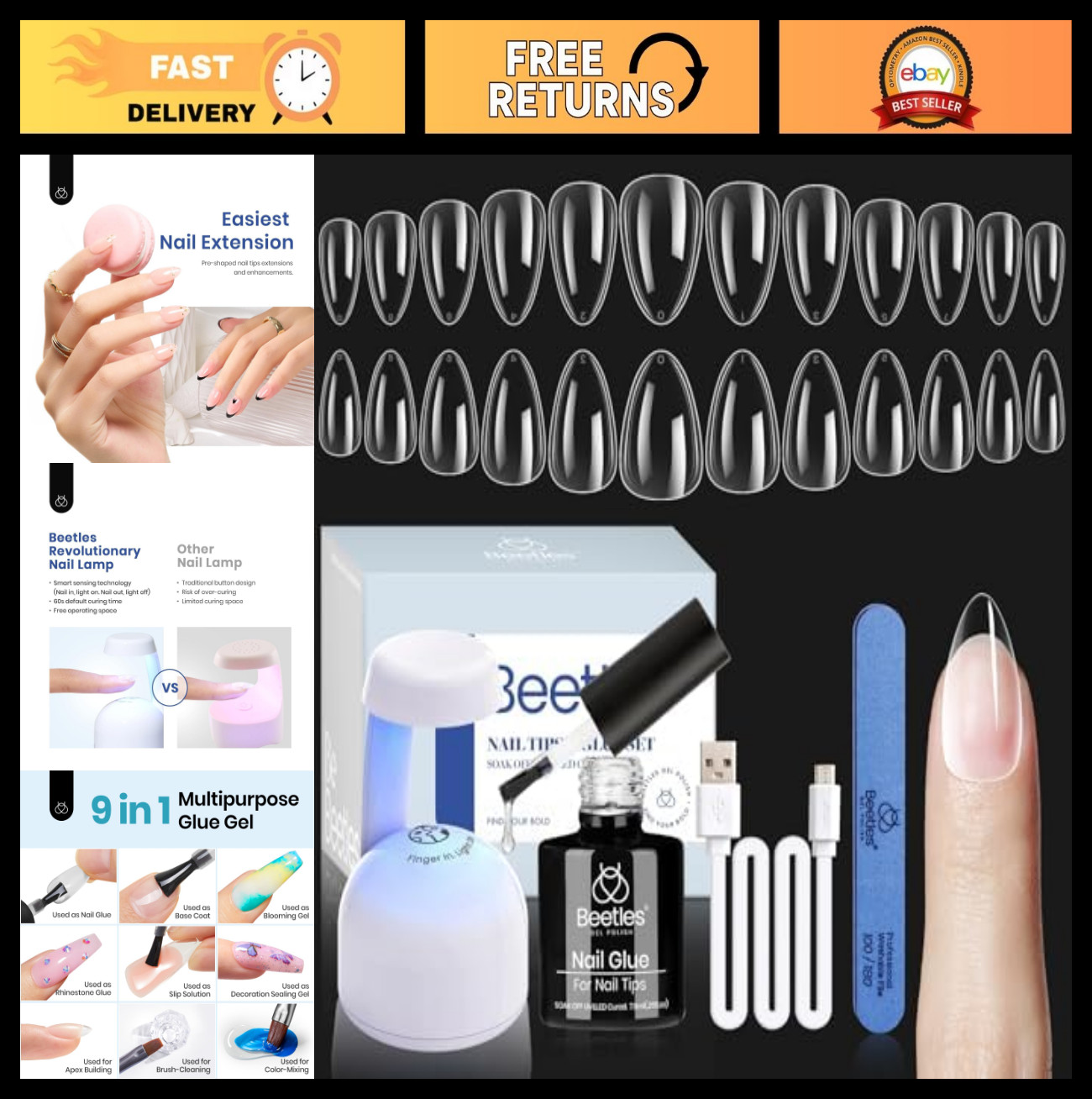 240 Pcs Clear Full Cover Fake Nails Tips, Short Almond Shape, Easy Extension Set