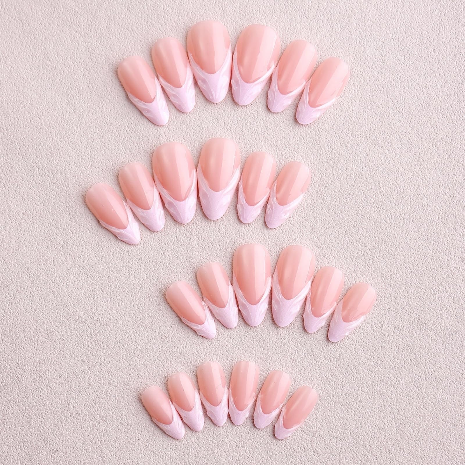 Pink French Tip Press on Nails Medium Almond Fake Nails 3D Swirl Stick on Nai…