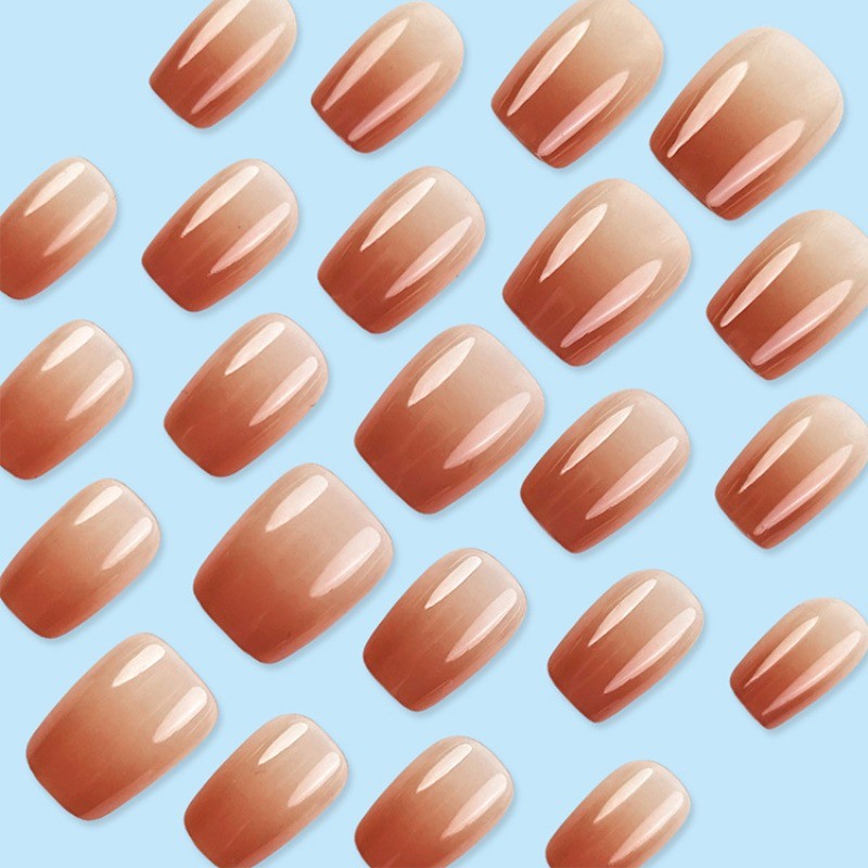 48Pcs-Milk Tea Gradient Press on Nails Medium Square Simple Solid Gloss Manicure
