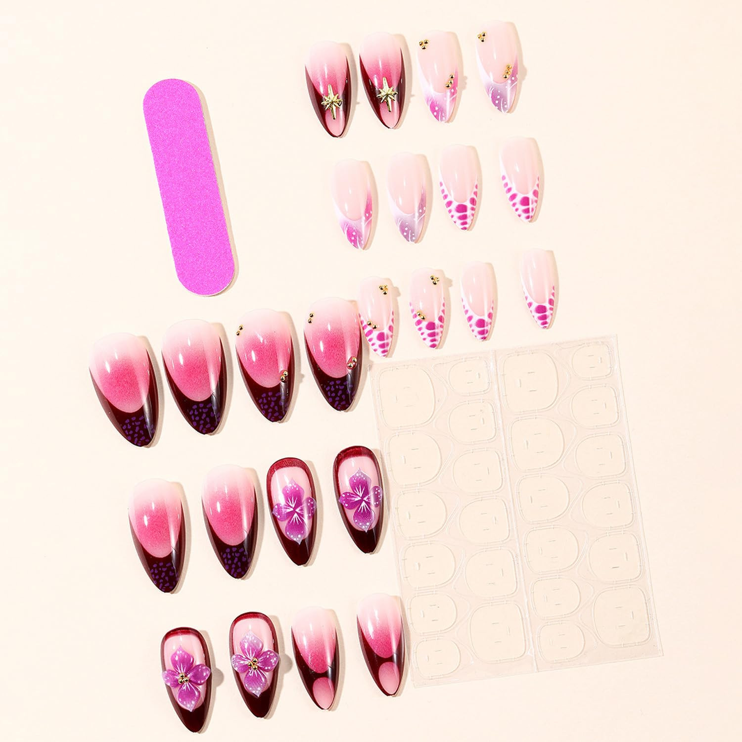 24Pcs French Tip Press on Nails Medium Almond Fake Nails Purple Flower and Gold
