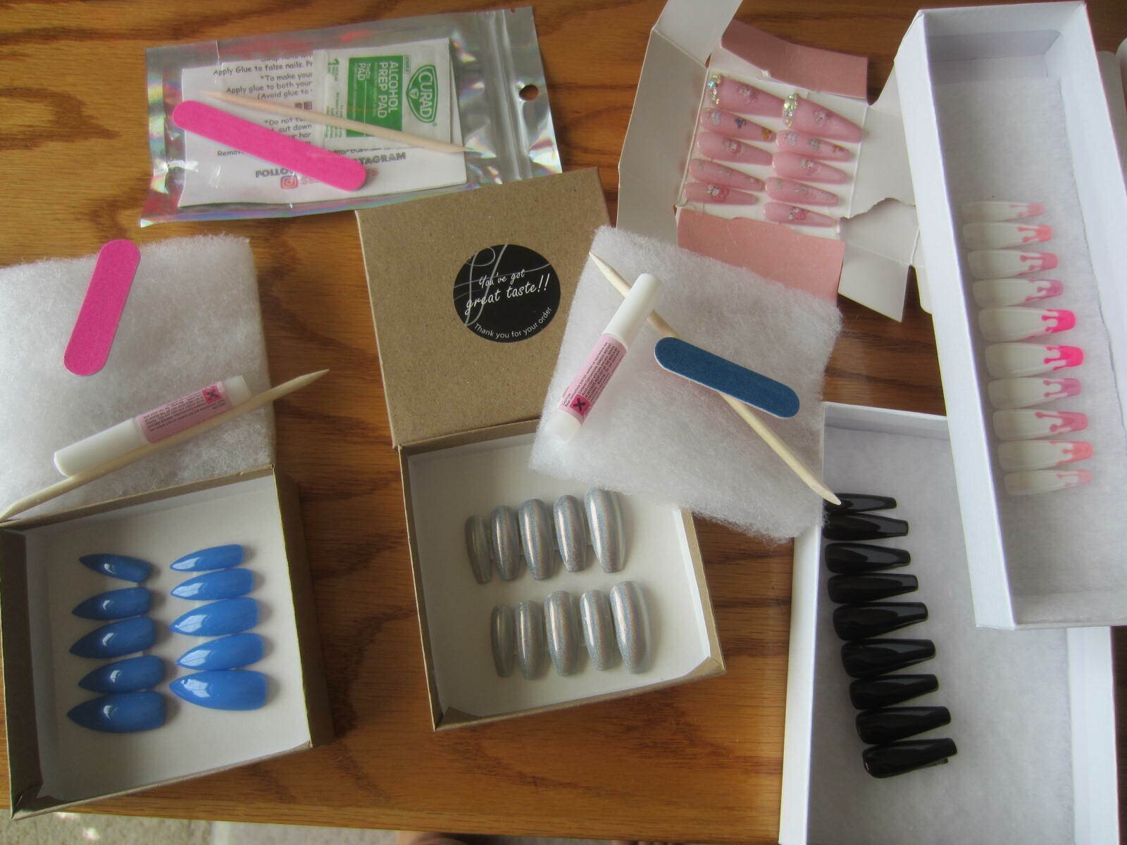 Glue on fake nails 6 sets!!! blue silver black white pink V shape