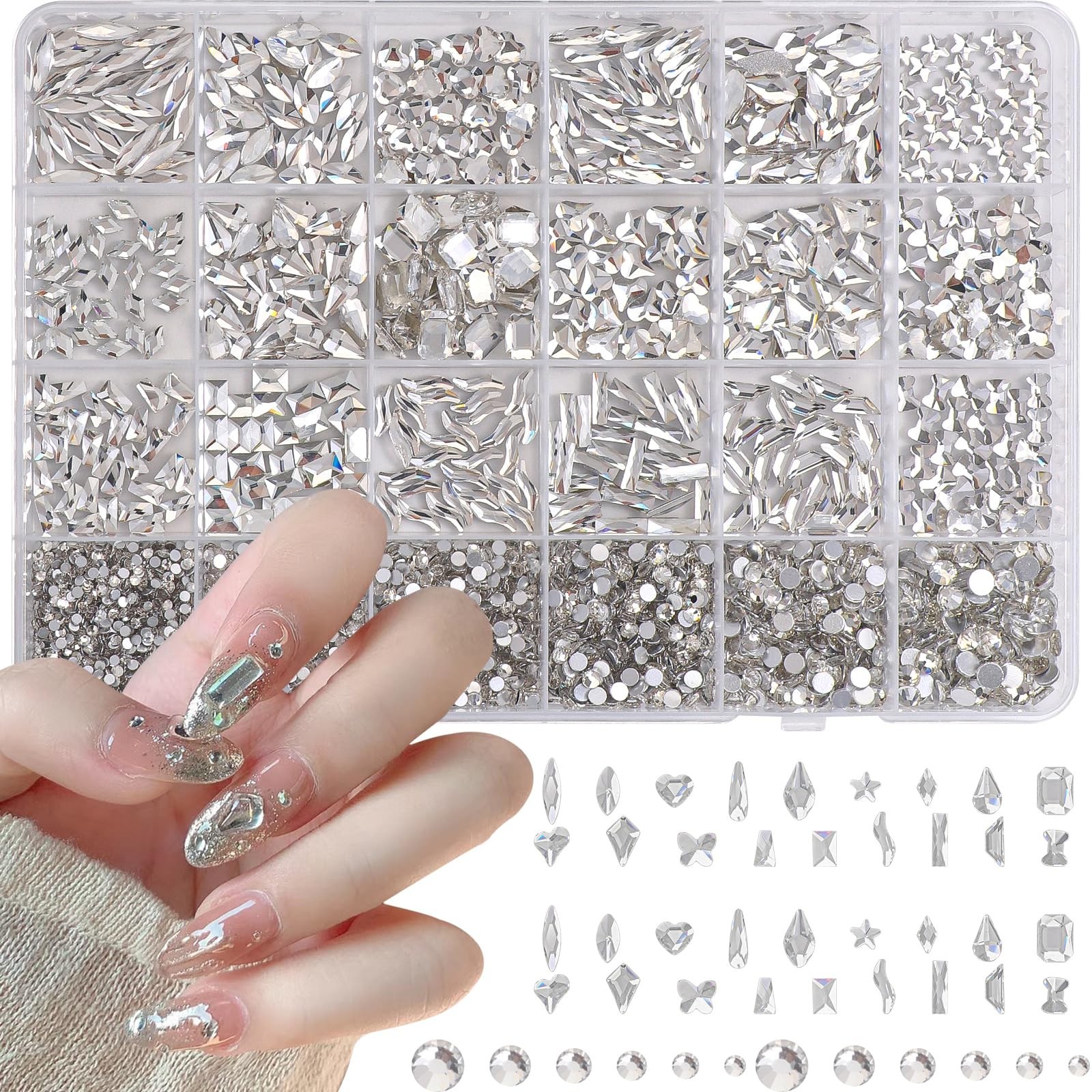 White Nail Art Rhinestones Kit – Multi Shapes & Sizes Flatback Gems for DIY Nail
