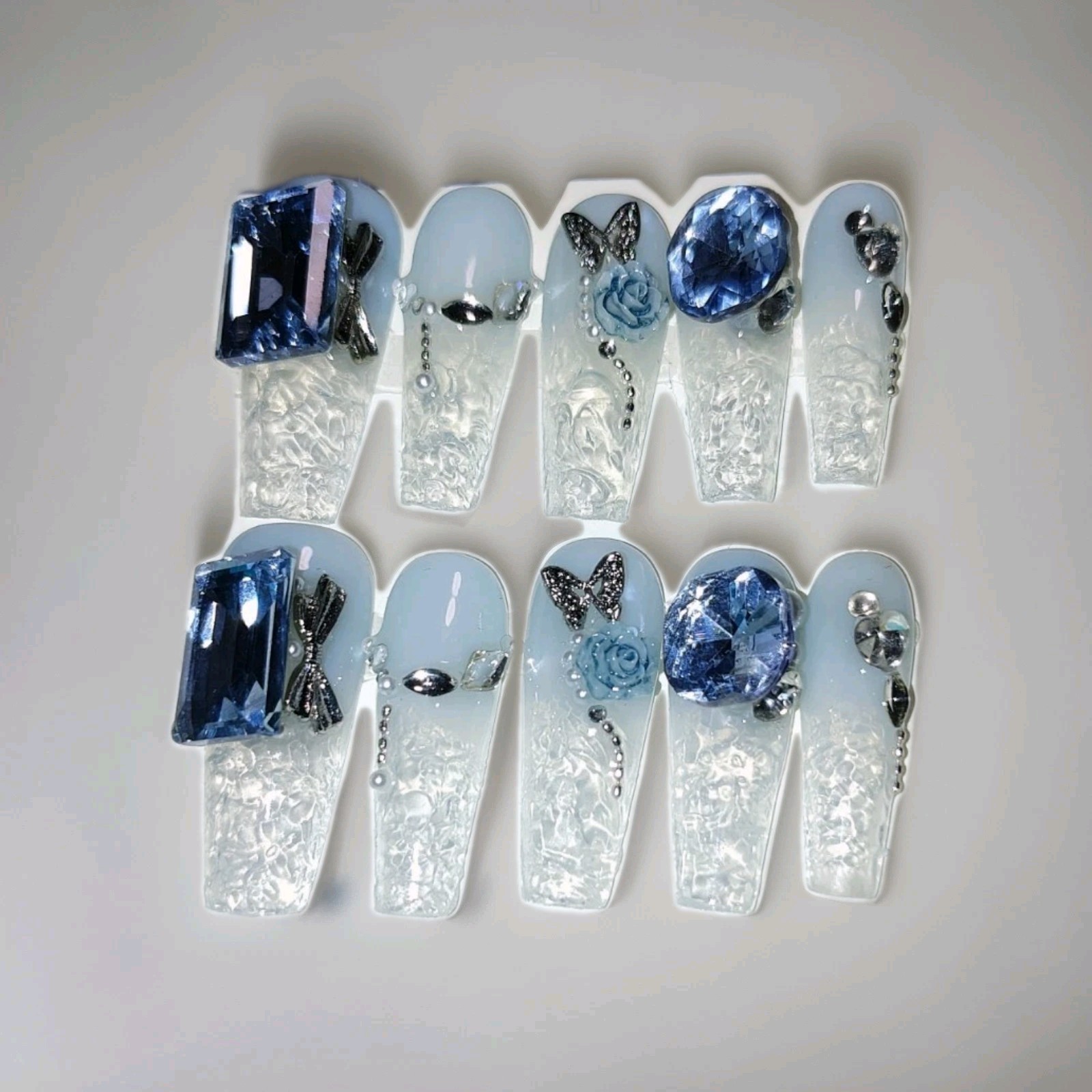 Long 3D Coffin Full Cover Artificial Nails Blue Silver Butterfly Rose Bow