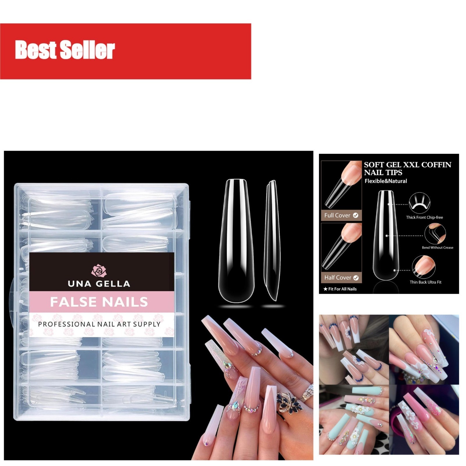 XXL Coffin Nails Tips Full Cover 216pcs Extra Long Clear Acrylic