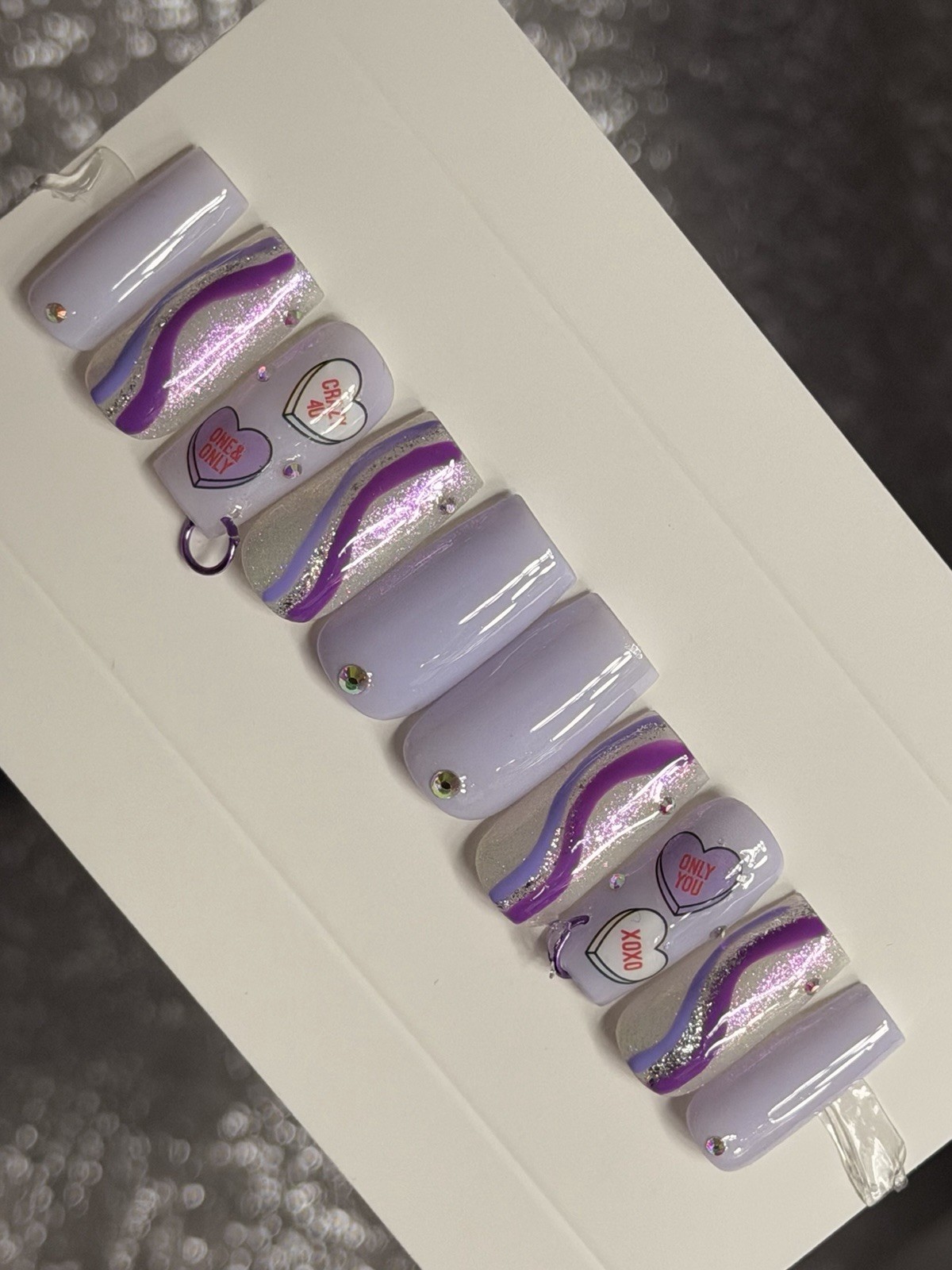 💜💎 CUSTOM Press On Nails PURPLE Heart BLING Rhinestones 10p SET W Kit