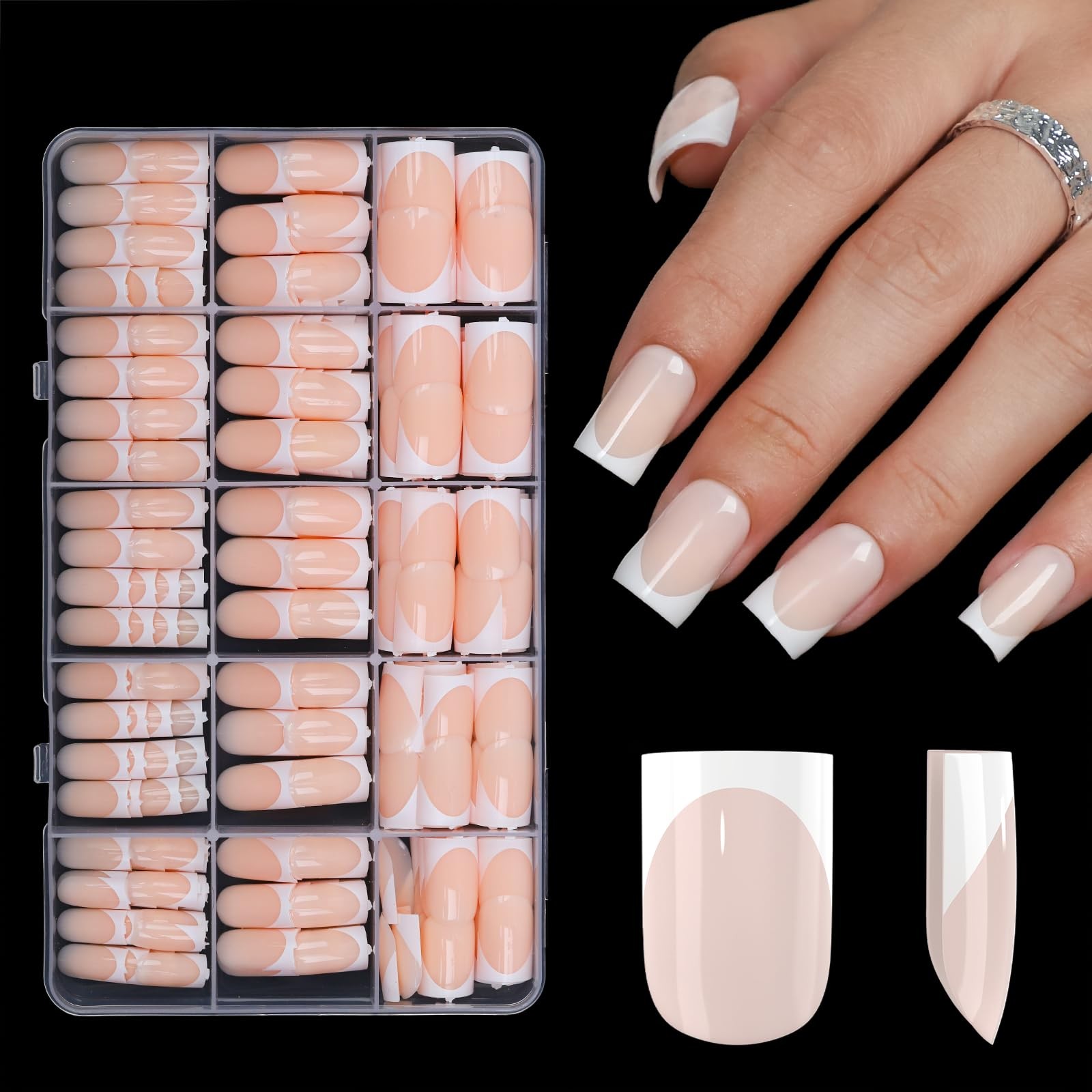 French Tip Press On Nails-300Pcs Sharp Square Nail Tips Short,No File Need Ti…