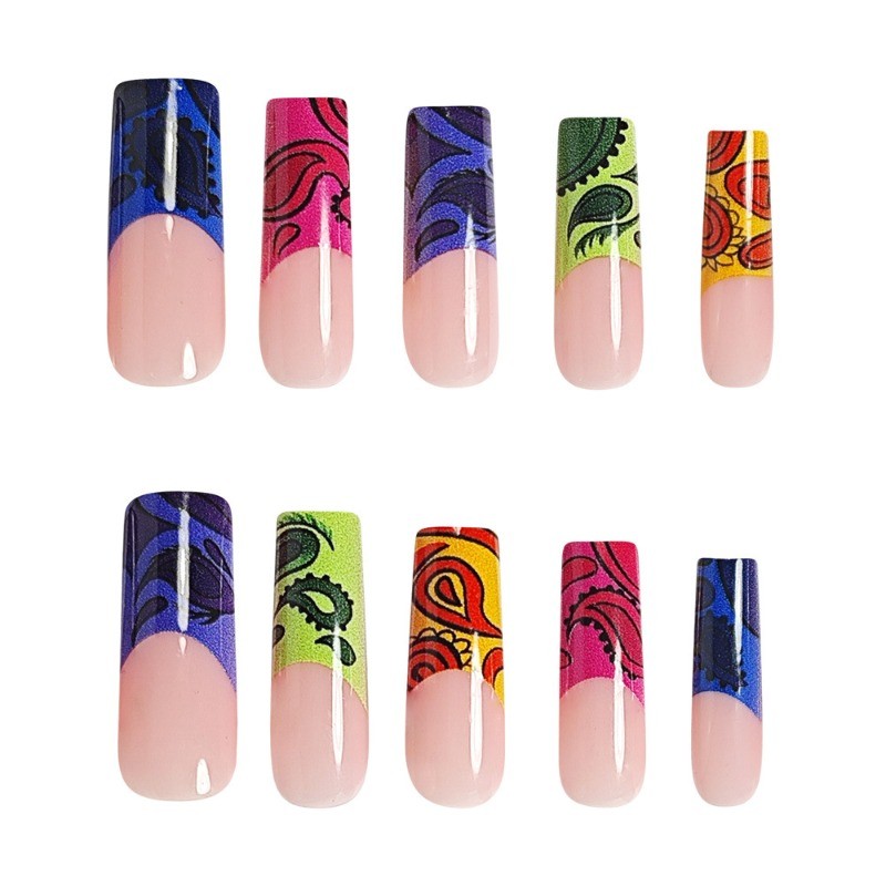 48pcs-Colorful Paisley Press on Nail, Long Coffin French Tip Acrylic False Nails