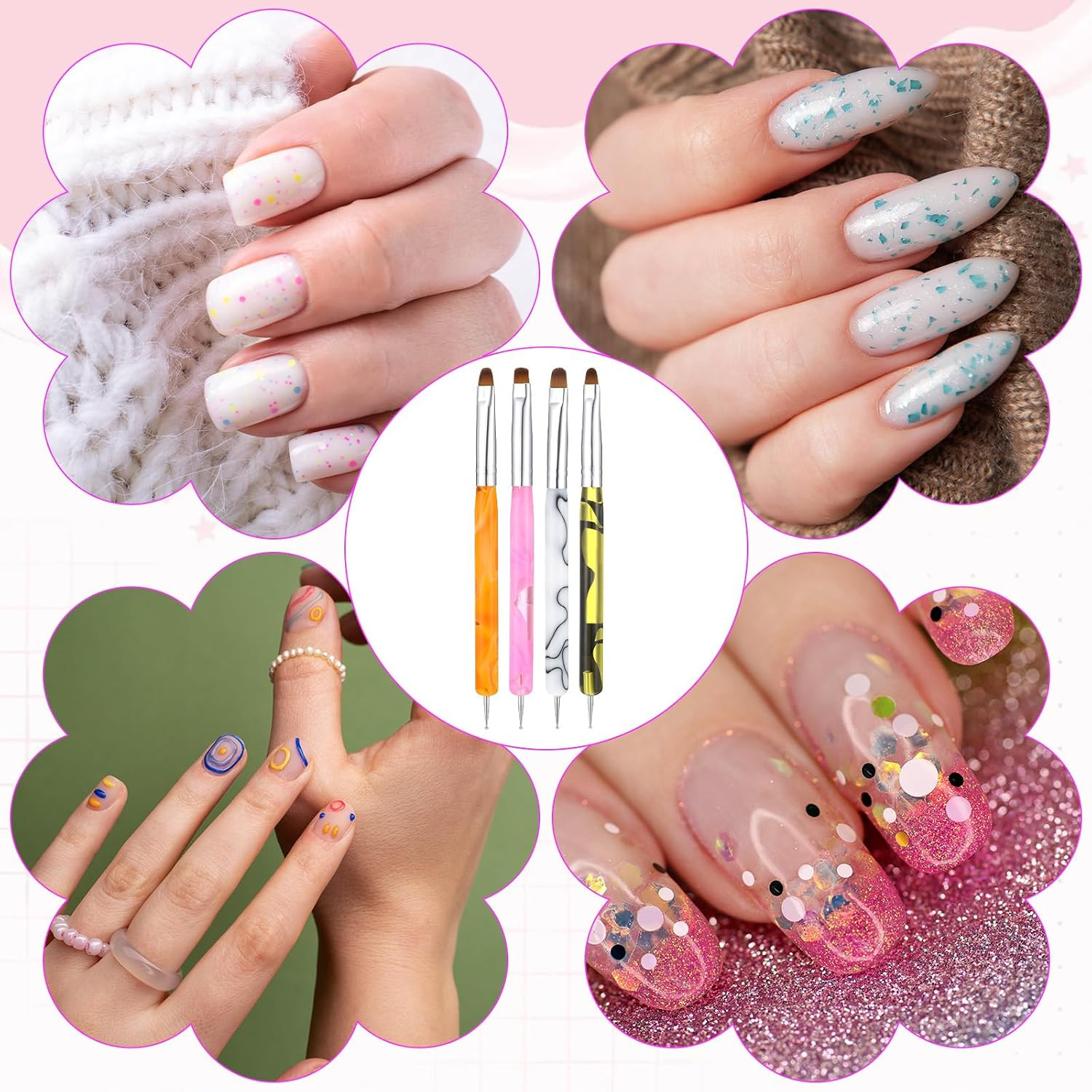 French Gel Nail Art Brush with Dotting Tools 4 Pcs Acrylic Two Way Nail Art