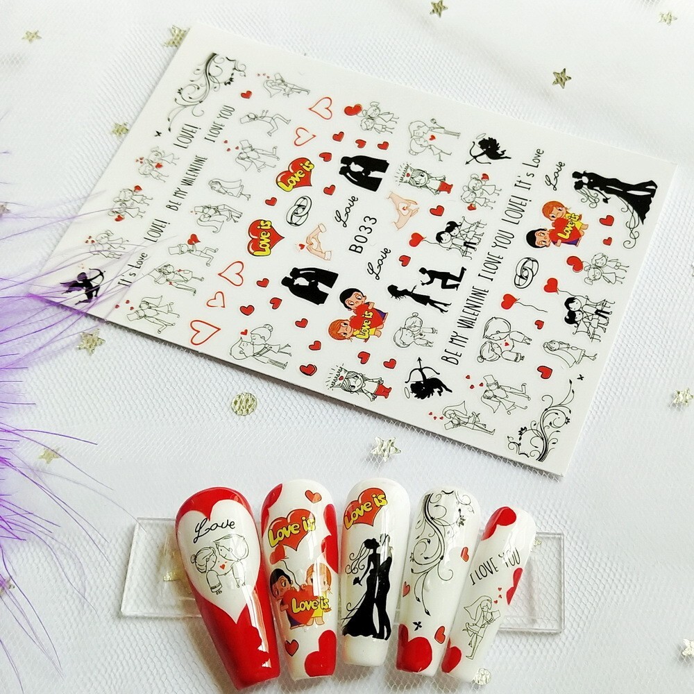 12 Sheets Valentines Nail Decoration Heart Love Self-Adhesive Slider Letters NH4