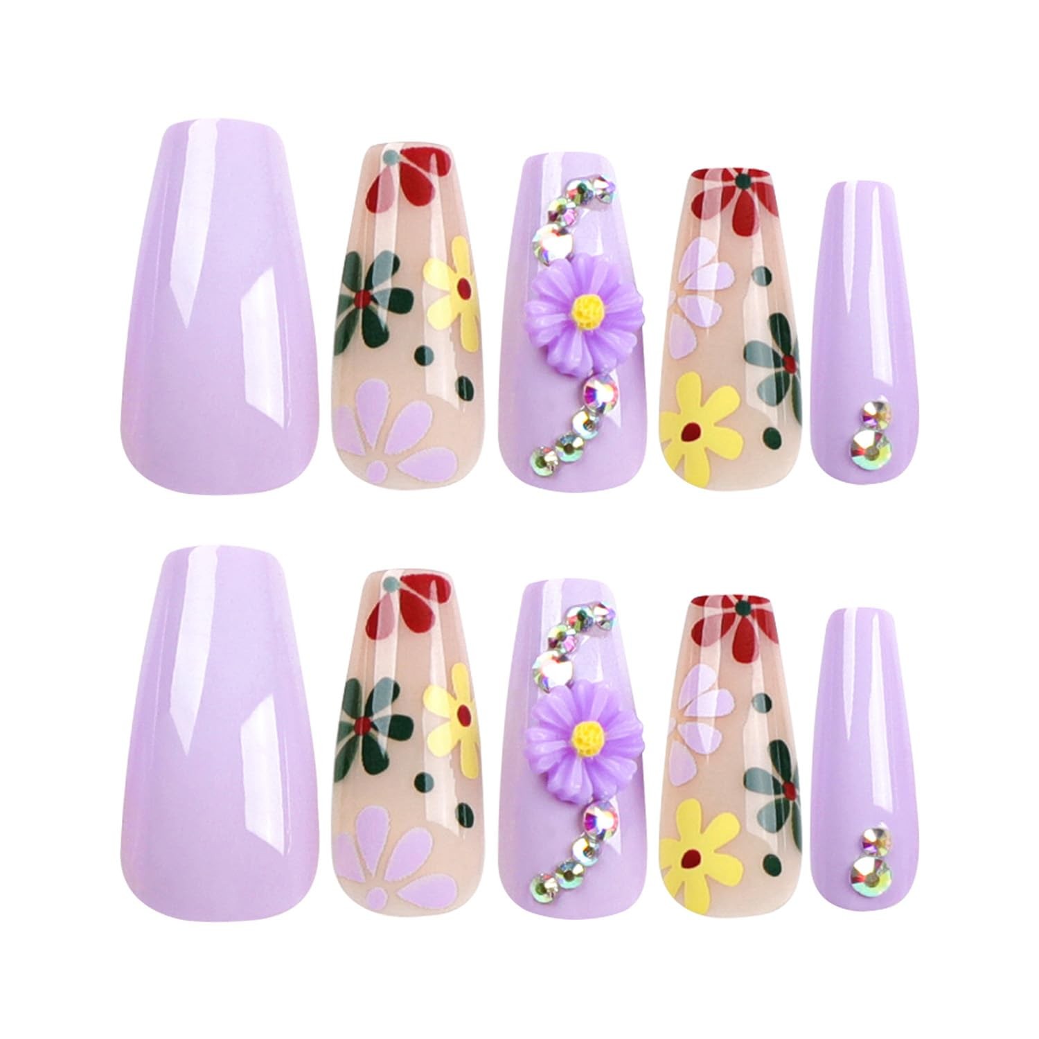 LPOODDNU Press On Nails Medium Coffin Glossy Purple 24Pcs Spring Daisy