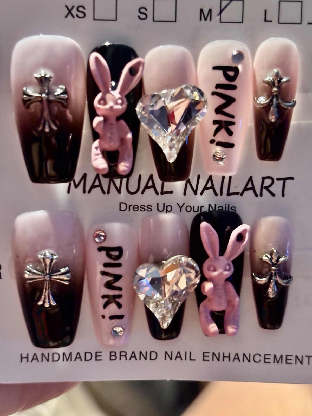 Pink Black 3D Press-On Nails Long Coffin Bunny Pre-Designed Full Cover
