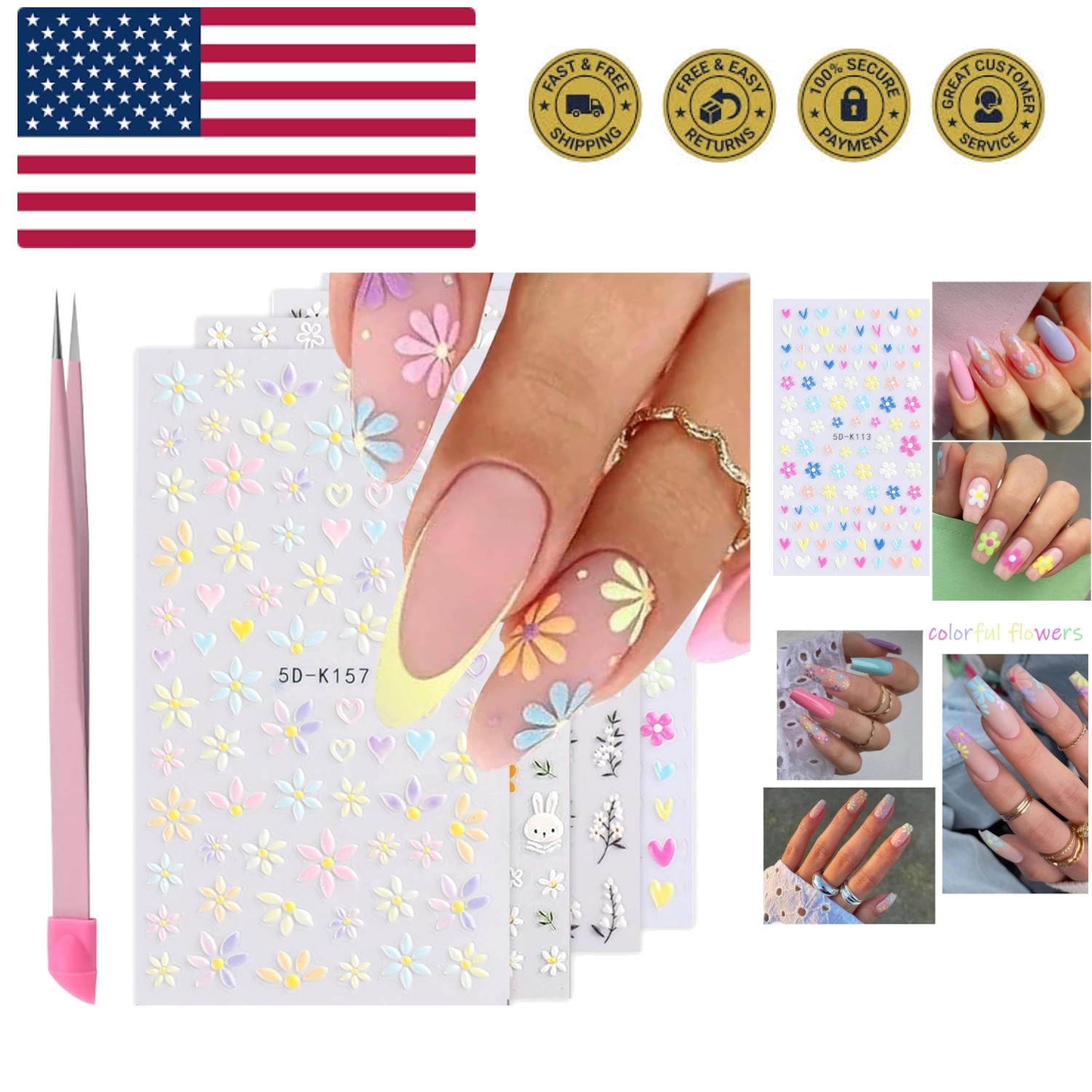 Flower Nail Art Stickers – 5D Embossed, Spring/Summer Daisy Designs, Self-Adh…