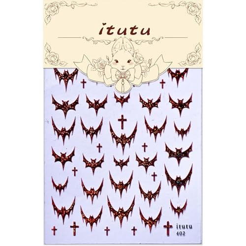 1 Sheets Red Bat Nail Decals for Nail Art 5D Halloween Nail Bat Stickers-3