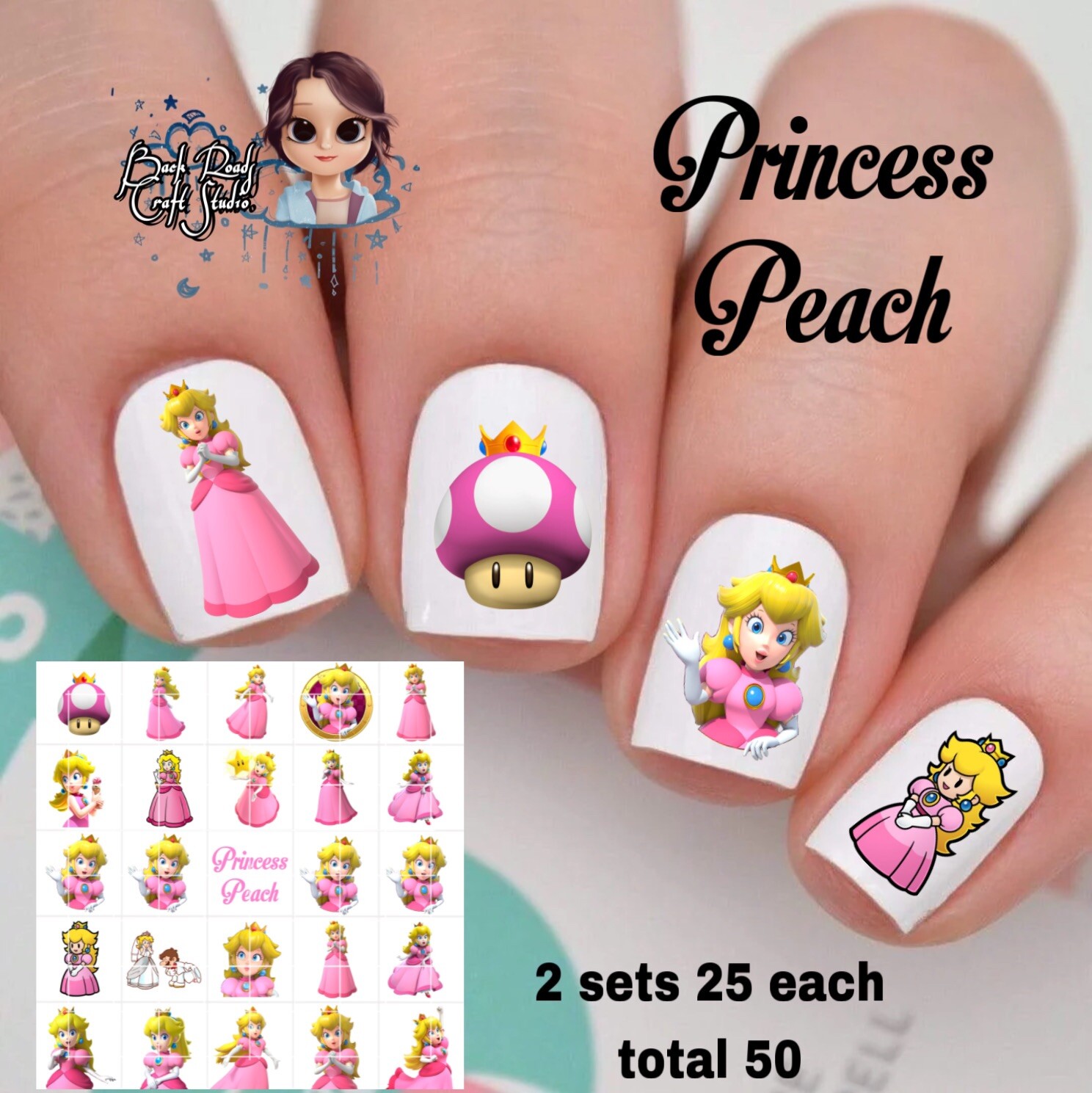 Princess Peach Waterslide Nail Art Decals Set Of 50 Super Mario Bro’s