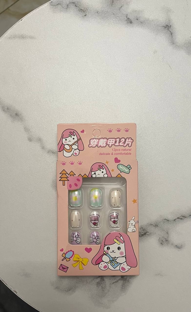 Kawaii Press-On Nail Set + Jelly Glue Tabs Bundle – 12pcs Cute Bunny Fake Nails