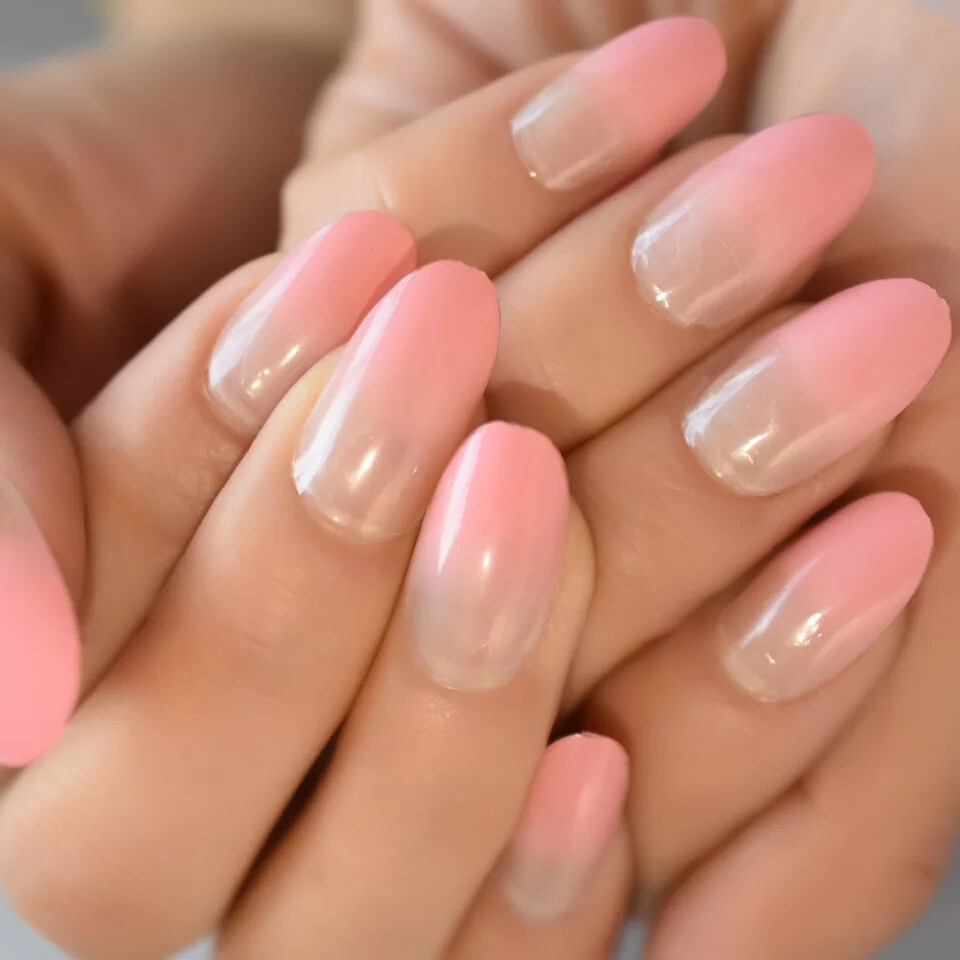 24 Medium Press on Nails kit glue on almond pink ombre nude pale