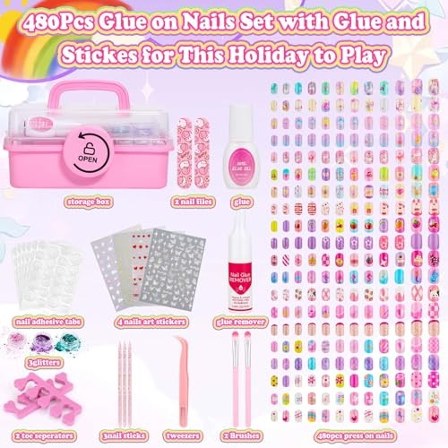 480 Pcs Kids Nails and Glue, Girls Press ons Nail Art Kit with Storage Pink