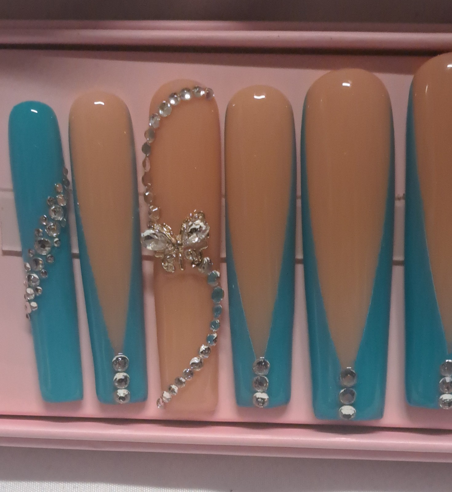 Handmade Acrylic Press On Nails Tapered Square Blue Nude Butterfly Rhinestones