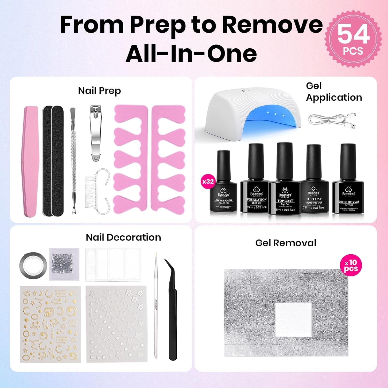 Gel Nail Polish Kit with UV Light 54 Pieces Four Seasons Glow Set with Base Top