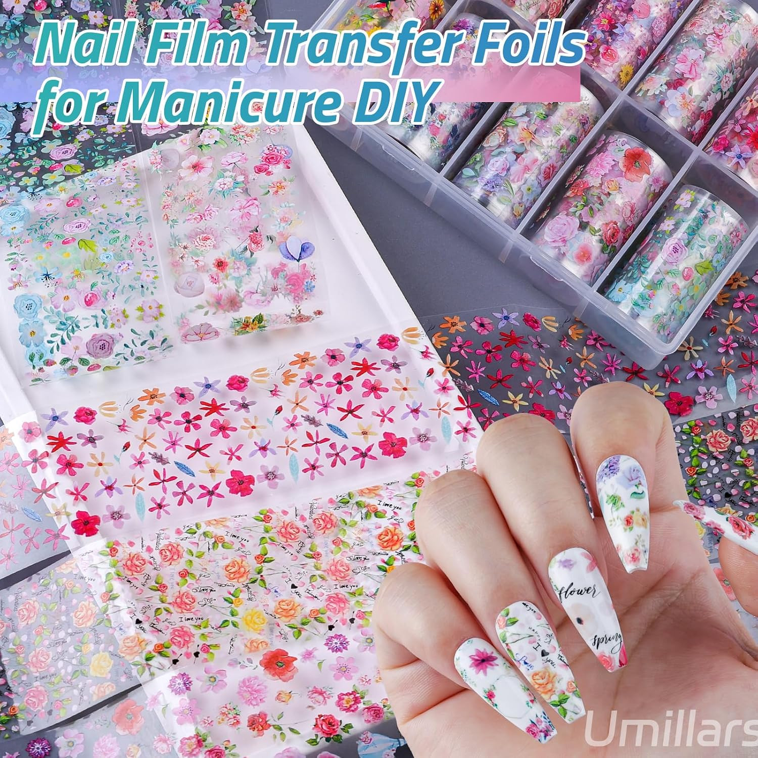 Flower Nail Foil Transfer Stickers, 10 Rolls Holographic Rose Camellia Floral Sp