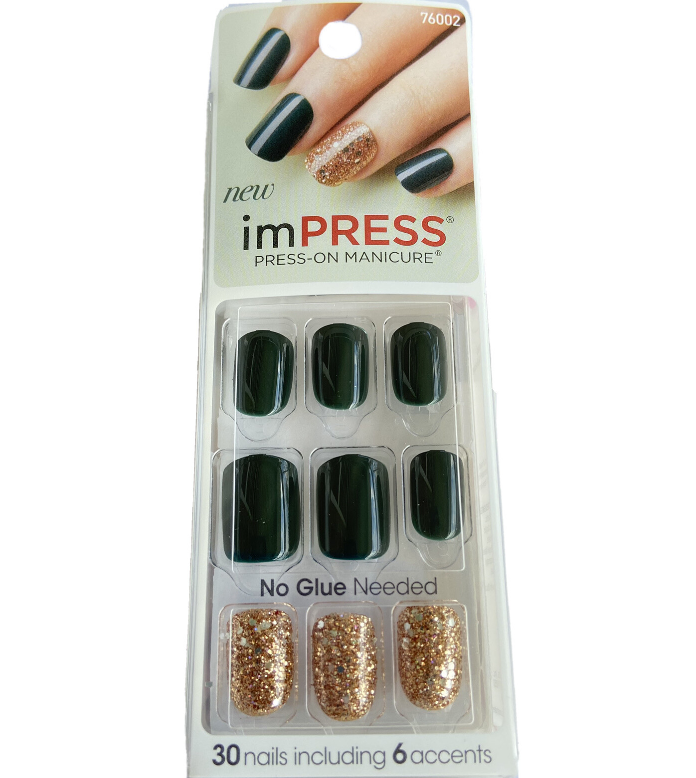 NEW Kiss Nails Impress Press On Manicure Short Gel Dark Green Gold Christmas
