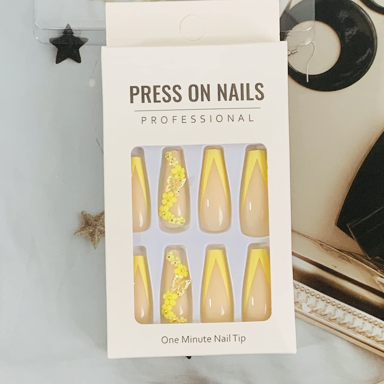 Press on Nails Long Ballerina French Tip, 24 PCS Full Cover Reusable Coffin F…