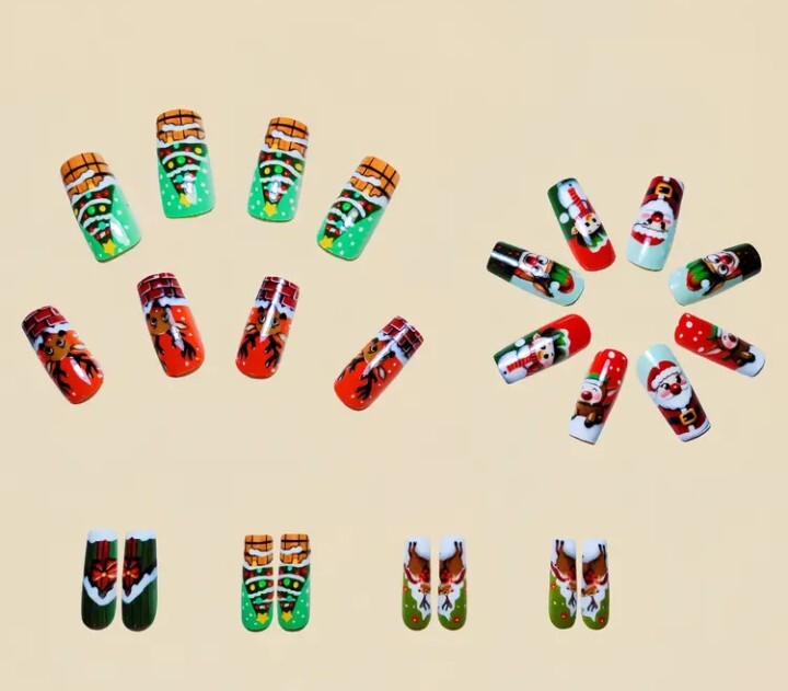 Acrylic Press On Fake Nails Long Square. Santa Snowman Reindeer Gloss 24 Pieces