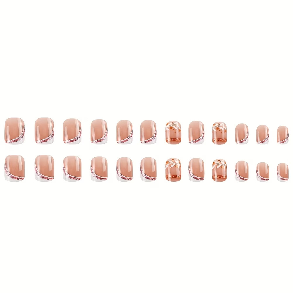 24pcs Women’s Glossy Square Round French Rose Golden White Striped Leaf Pressing