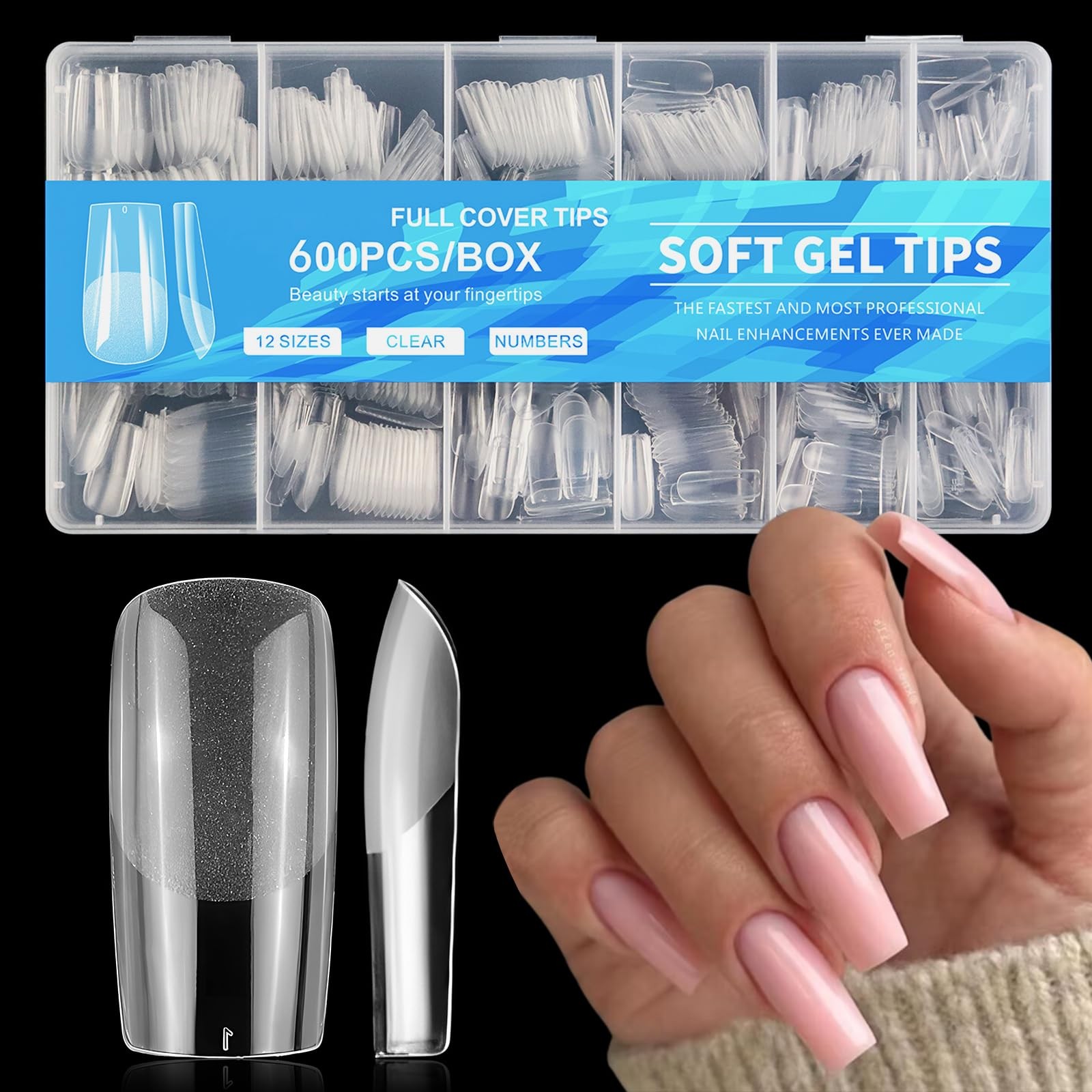AddFavor 600pcs Square Nail Tips, Medium Gel Nail Tips Square Clear Fake Nail…